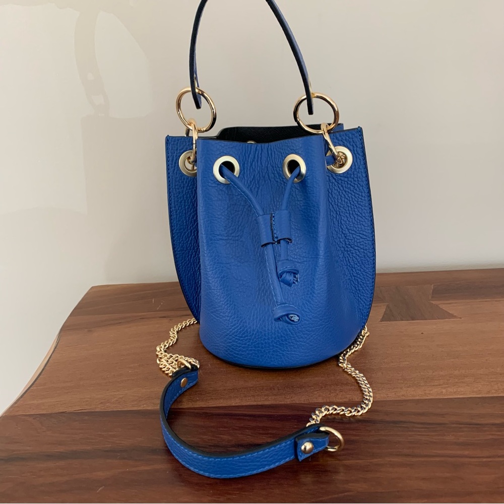 Royal Blue Diva Pebbled Leather Bucket Bag with Gold Hardware